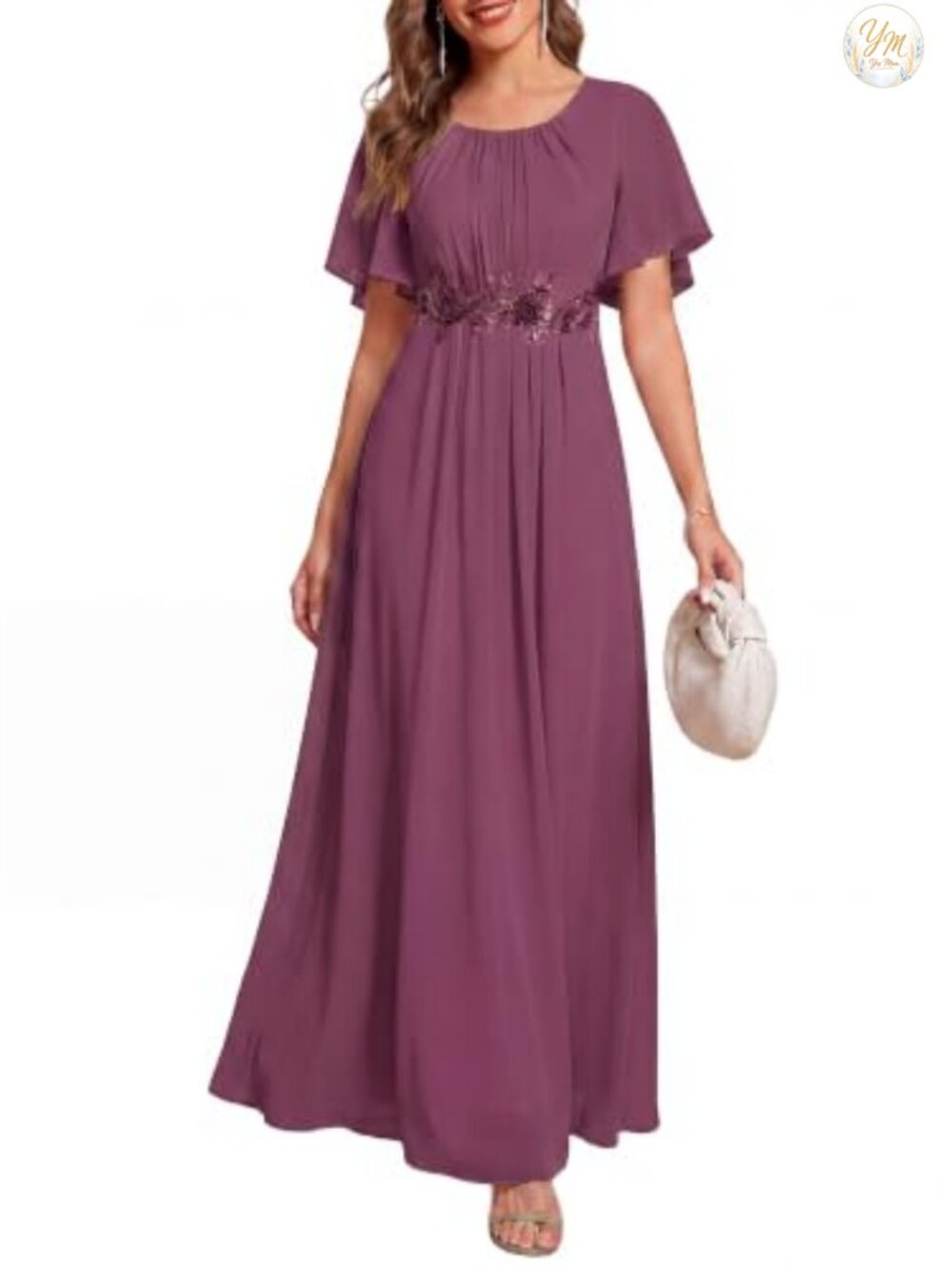 Chiffon Formal Wedding Guest Dress Applique Ruffle Sleeve